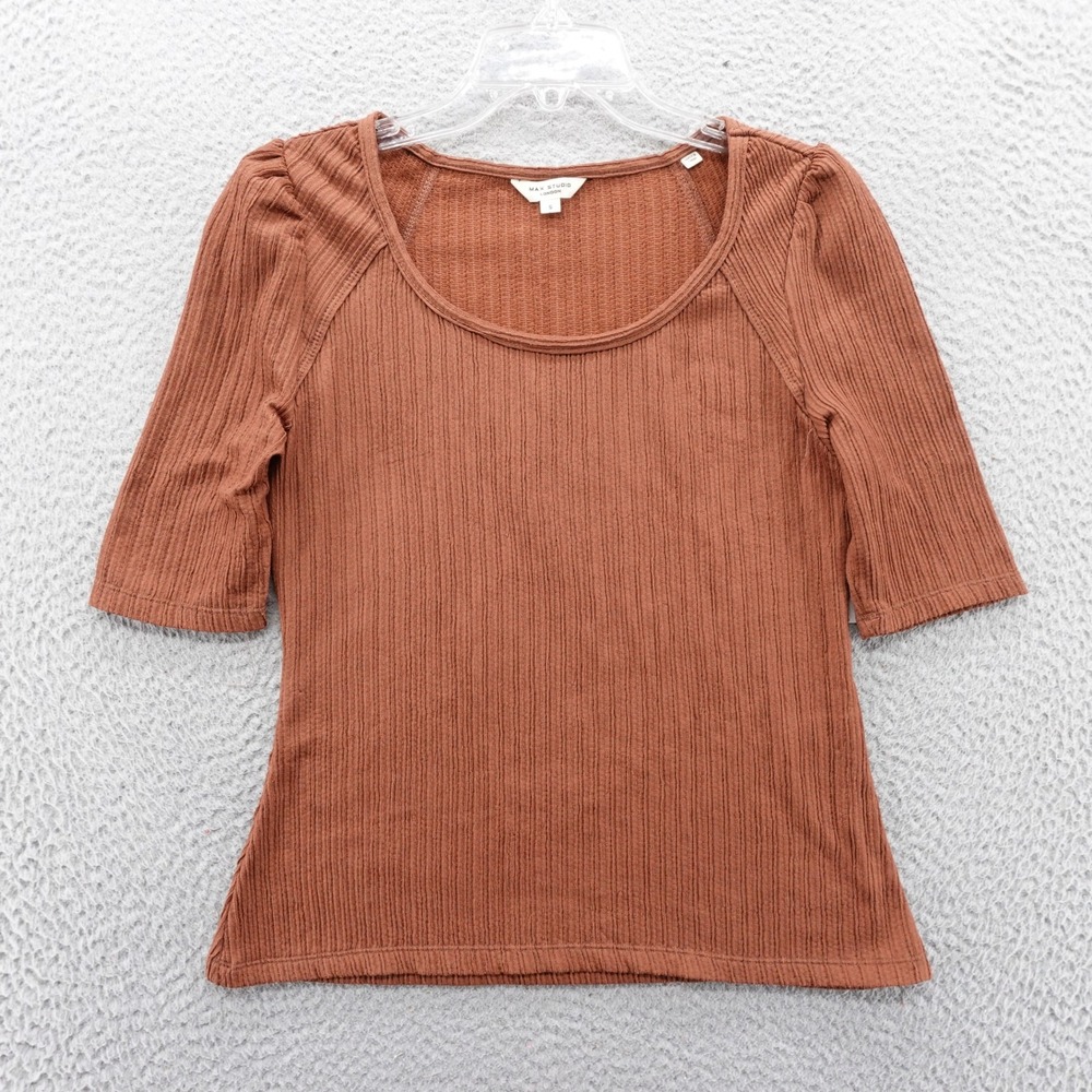 Max Studio London Brown Ribbed Puff Sleeve‎ Scoop Neck Top Size Small